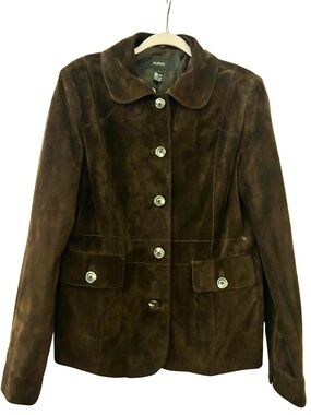Vintage - Chocolate Brown Suede Jacket with Rounded Collar, Size Large